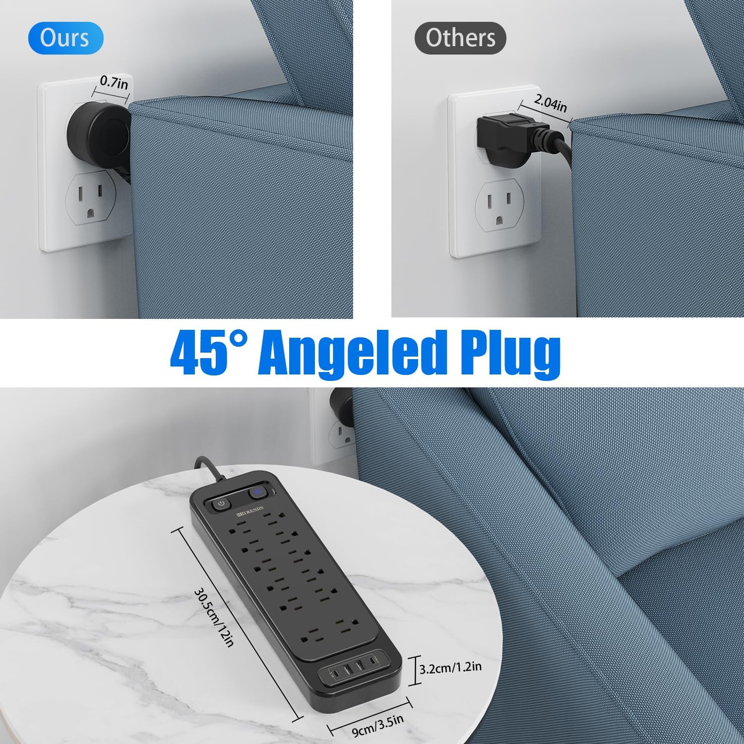 HITRENDS 12-Outlet Surge Protector Power Strip with 2 USB A + 2 USB C, 6FT Flat Plug Extension Cord, Dual Switches, Wide Spacing, 1250W/10A Multi Plug Outlet for Home Office Dormitory, Black