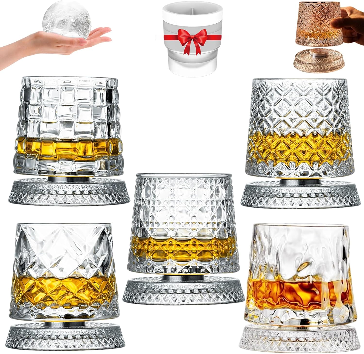 Spinning Crystal Whiskey Glasses, Spinning Glass Whiskey, Enhanced Aroma Experience, Elegant Carving Texture, Luxury 360 Spinning Crystal Whiskey Glass For Rum,Cocktail,Brandy,Coffee,Milk (5pcs-ABCDE)