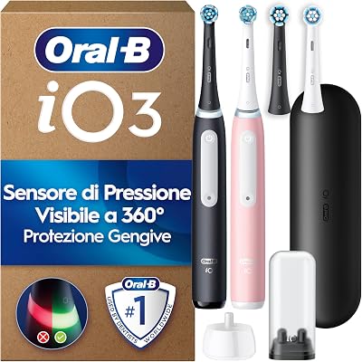 Oral-B iO 3, 2 Spazzolini Elettrici, 2 Testina di Ricambio, Nero e Rosa