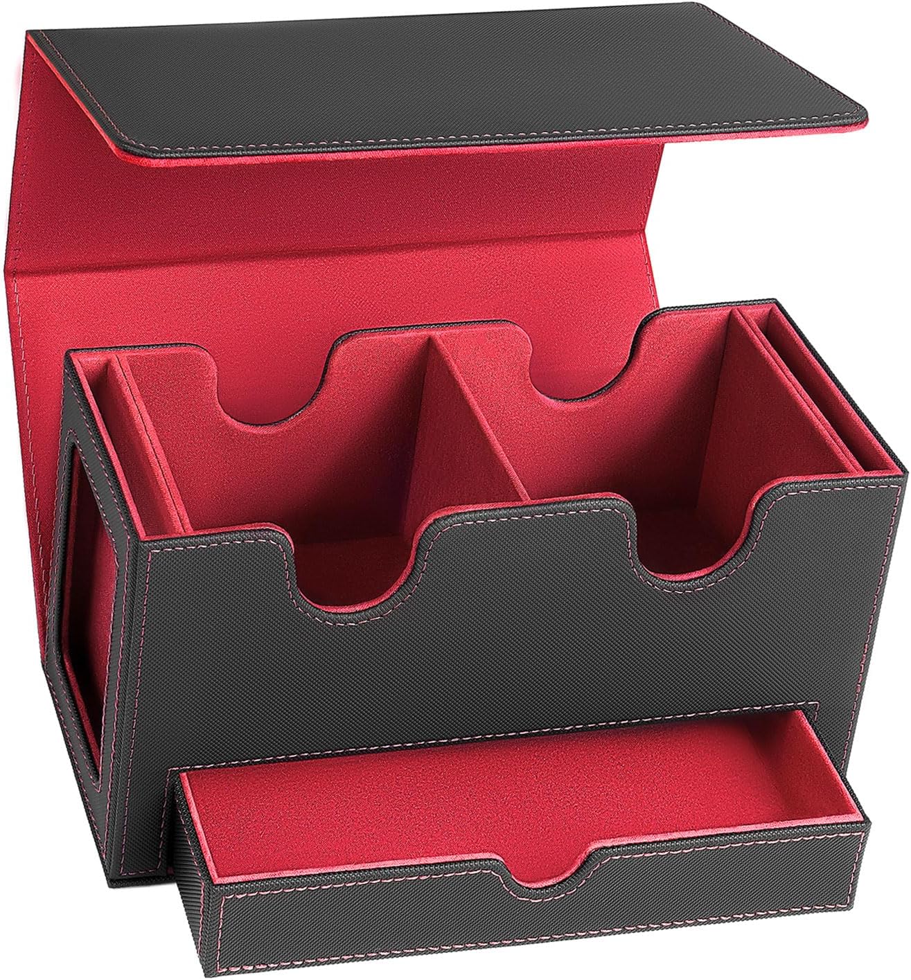 MTG Deck Box with 2 Commander Display,Commder Deck Box Fits 310+ Cards，with Dice Tray,Leather Magnetic,Fits for TCG CCG Magic Cards (Black Red)
