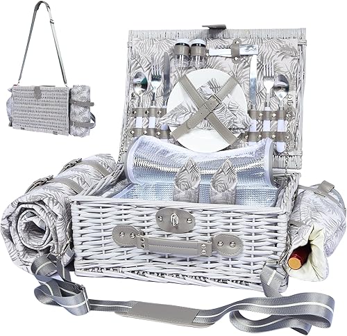 Miniatura 14 de Cesta de picnic para 2 con manta, juego de cesta de picnic de mimbre con correa para el hombro y bolsa para vino, cesta grande de mimbre con Rejilla