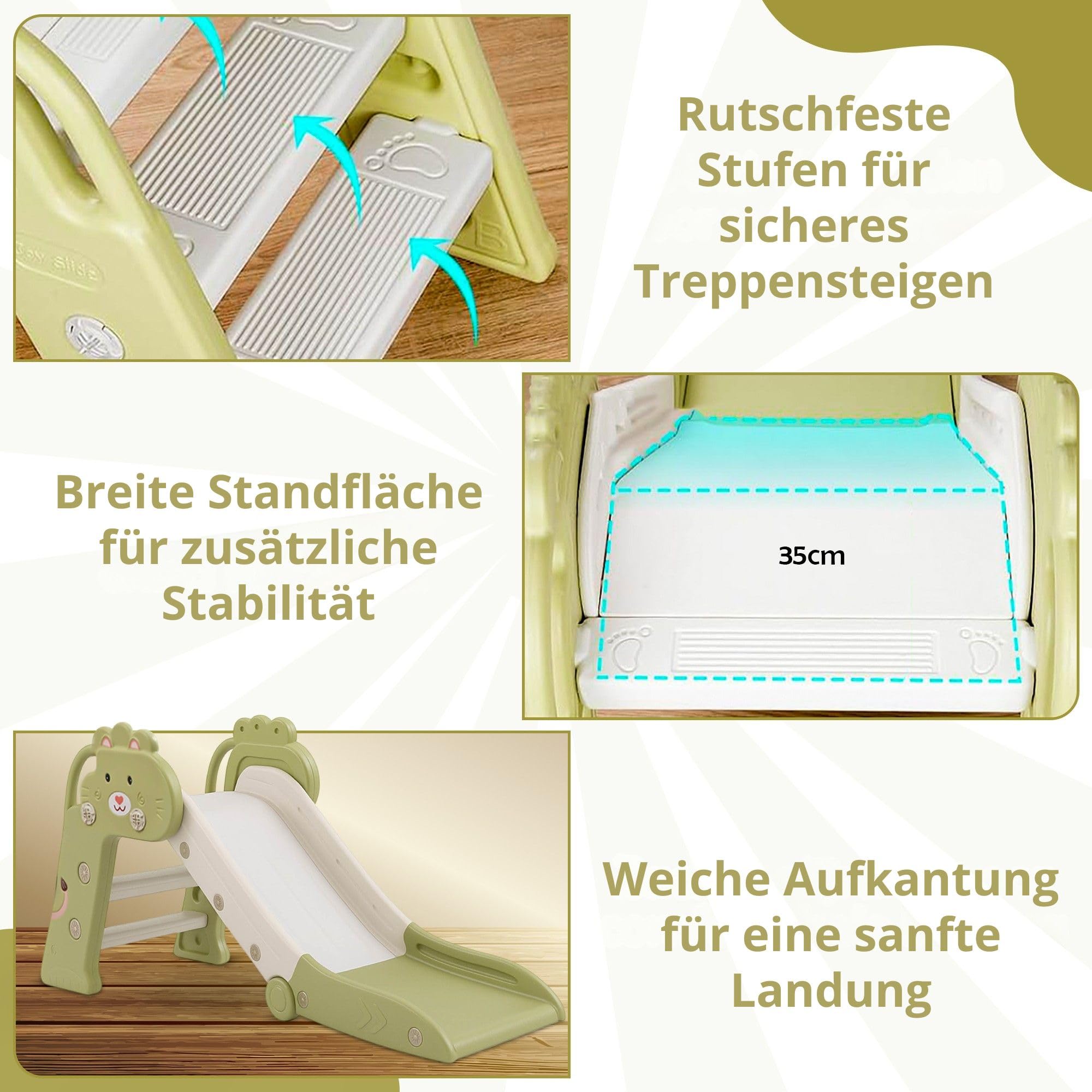 Bambini Kinderrutsche Outdoor & Indoor Klappbar 1-4 Jahre - Rutsche mit CE Zertifikat, Stabile Konstruktion, rutschfeste Stufen, Schneller Aufbau, Platzsparend, 112x49x55 cm, Grün/Weiß