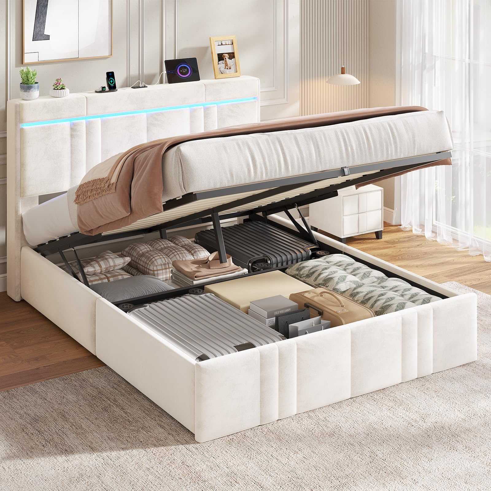 AOGLLATI Polsterbett 140×200 mit Stauraum Jugendbett 140×200 mit Steckdosen und LED-Beleuchtung, 30cm Hydraulischer Stauraum, Bettgestell mit Lattenrost aus Holz, Edler Samtstoff (Beige,140x200cm)