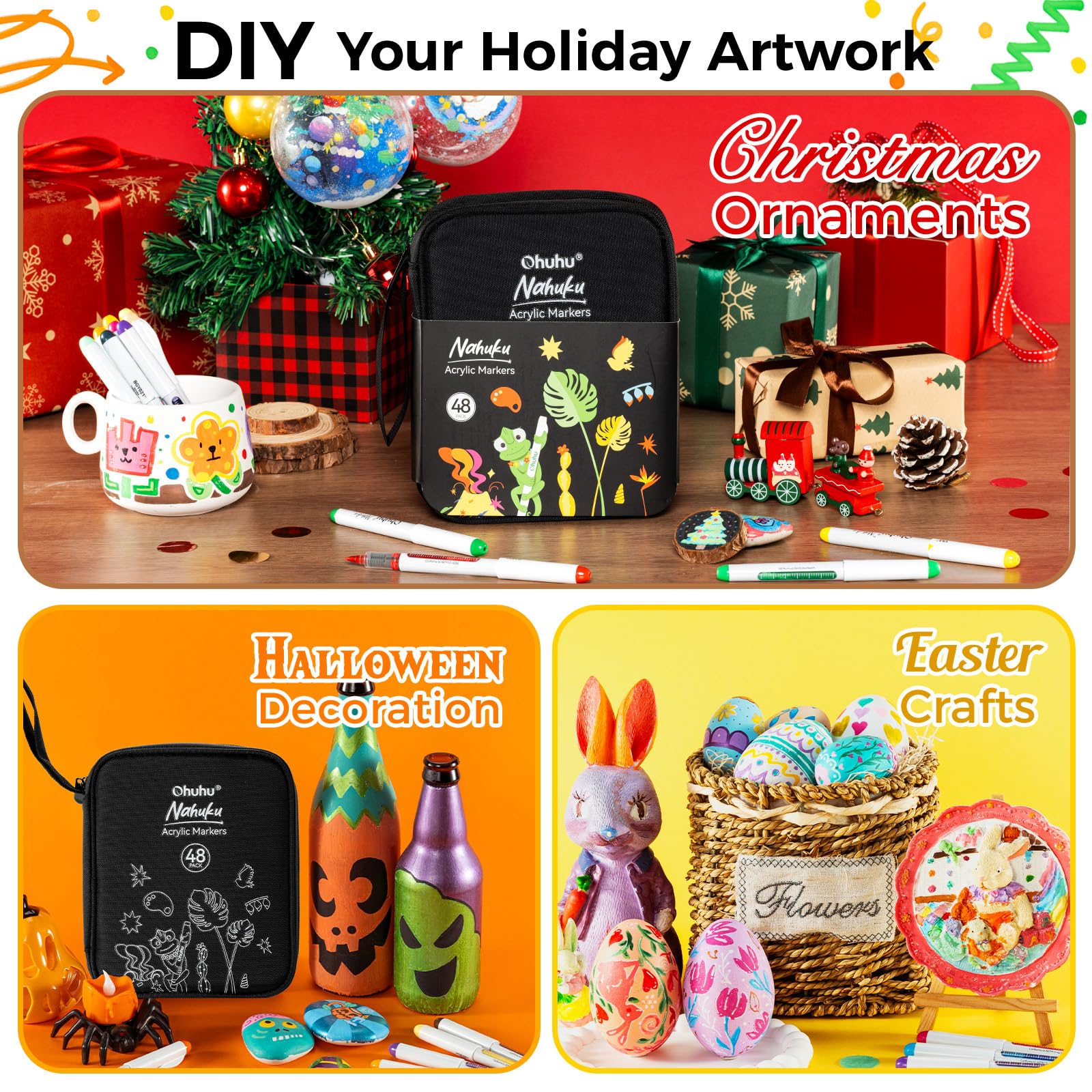 Ohuhu Acrylic Paint Markers Direct Liquid: 48 Pack Flexible Brush Tip Acrylic Markers High Opacity Paint Pens Waterproof Lightfast for Rock Painting Easter Eggs Wood Glass Ceramic Canvas - Nahuku