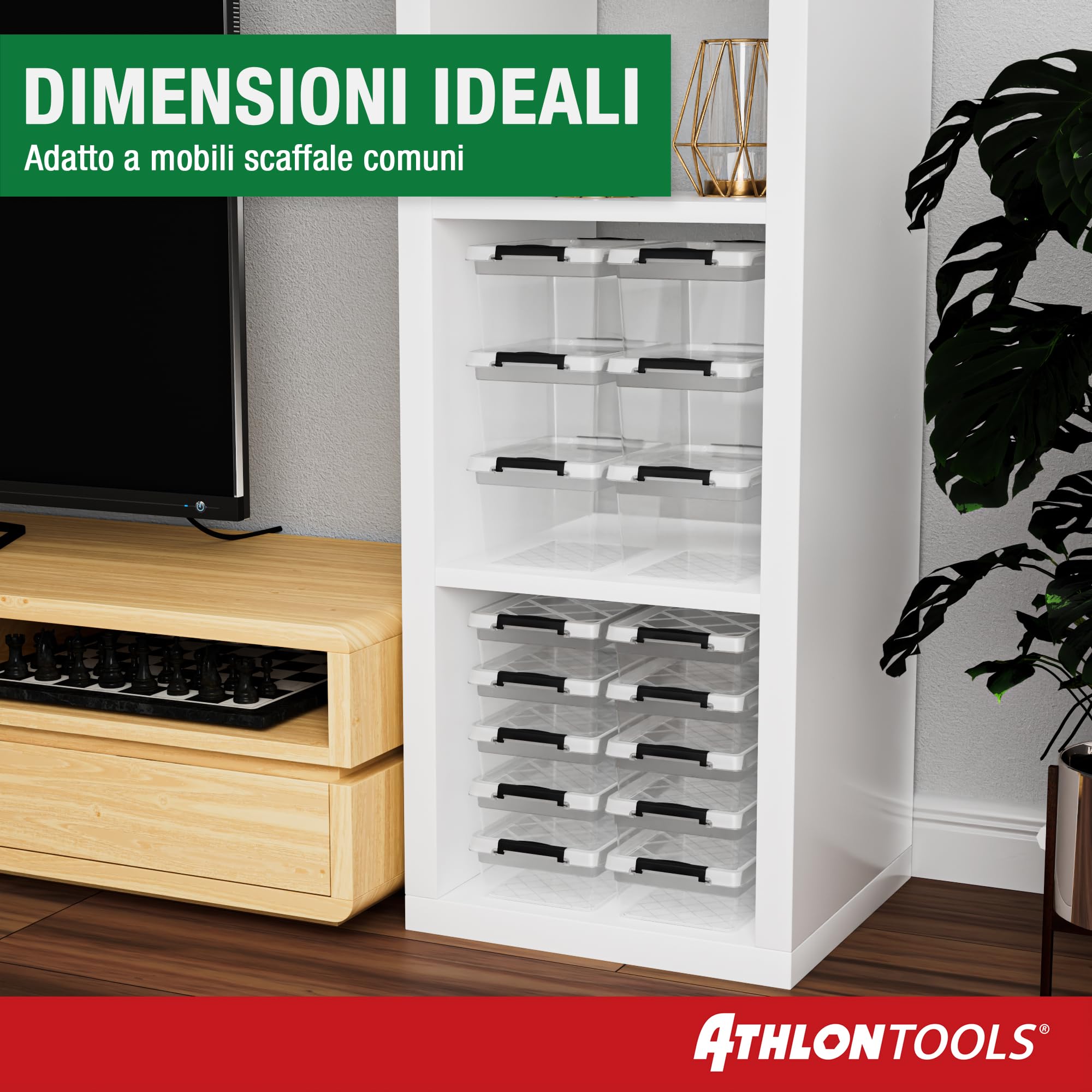 ATHLON TOOLS Set di 10 contenitori da 2L con coperchio – 100% materiale vergine – trasparenti – senza BPA – contenitori impilabili – clip di chiusura grigie – quasi ermetici – organizer