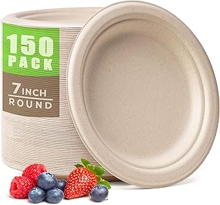 100% Compostable Paper Plates 7 Inch, 150pcs Disposable Heavy-Duty Plates Unbleached Biodegradable Plate Made of Sugarcane...