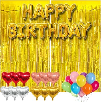 77Pcs Gold Happy Birthday Party Decorations Kit, Happy Birthday Banner, Gold Streamers Tinsel Backdrop, 4 Colors Heart Balloons with 50Pcs Colorful Balloons Graduation Party Decor for Men Women Old