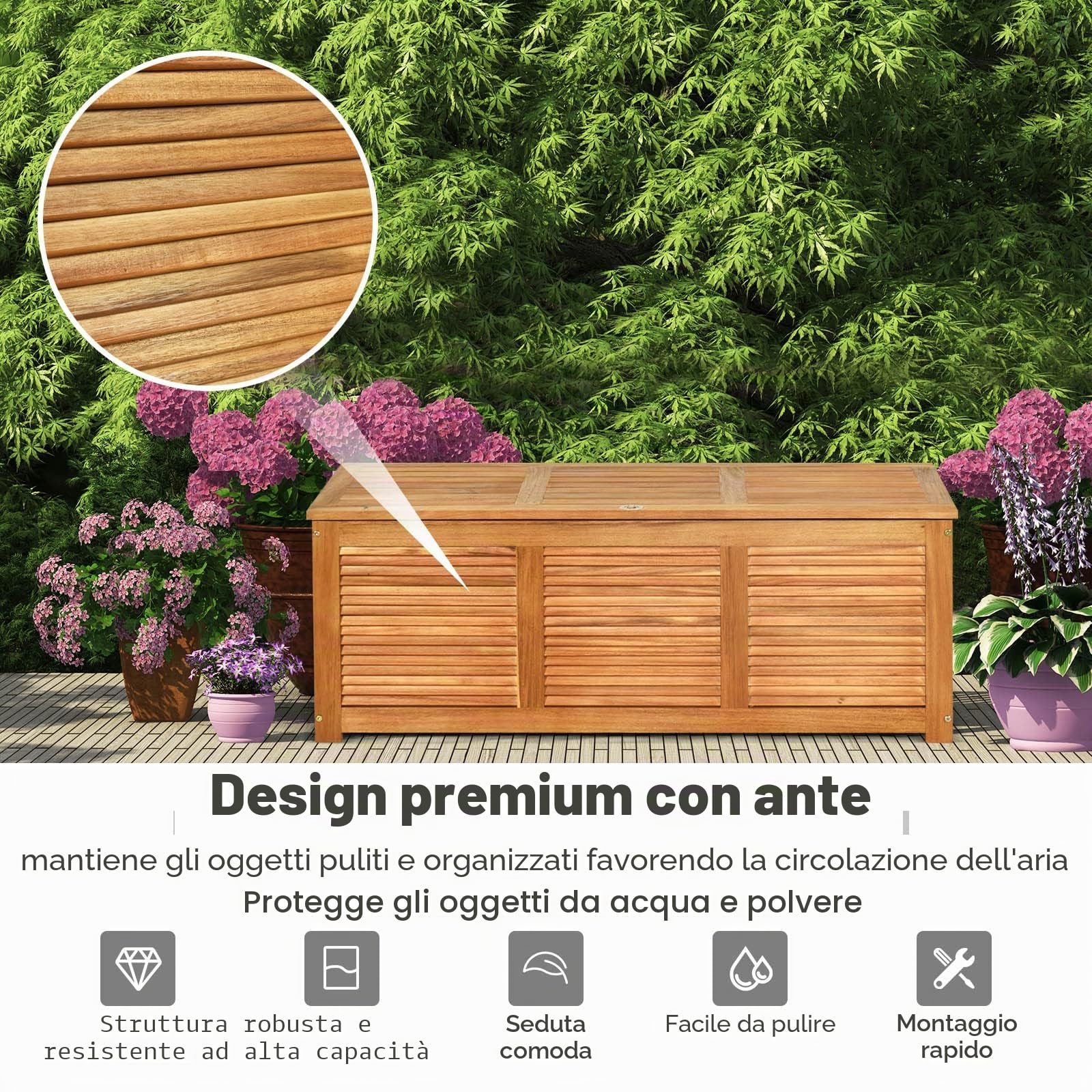 GIANTEX Armadio da Esterno in Legno, Cassapanca Contenitore Interno, Panca Baule Carico di 150 kg, Ideale per Giardino, Patio, Piscina, 120x45x45 cm, Naturale