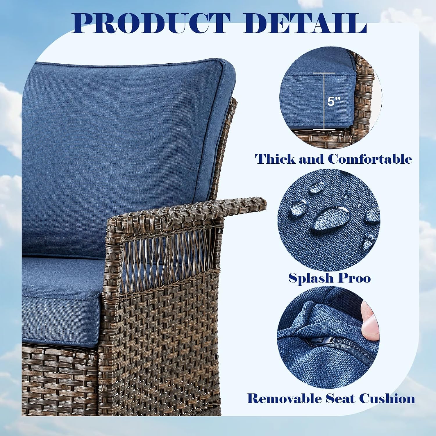 Outdoor Wicker Patio Furniture Set - 5 Piece Rattan Patio Conversation Sets with 2 Swivel Rocking Chairs,2 Ottomans and 1 Side Table for Porch Deck Garden(Brown/Blue)
