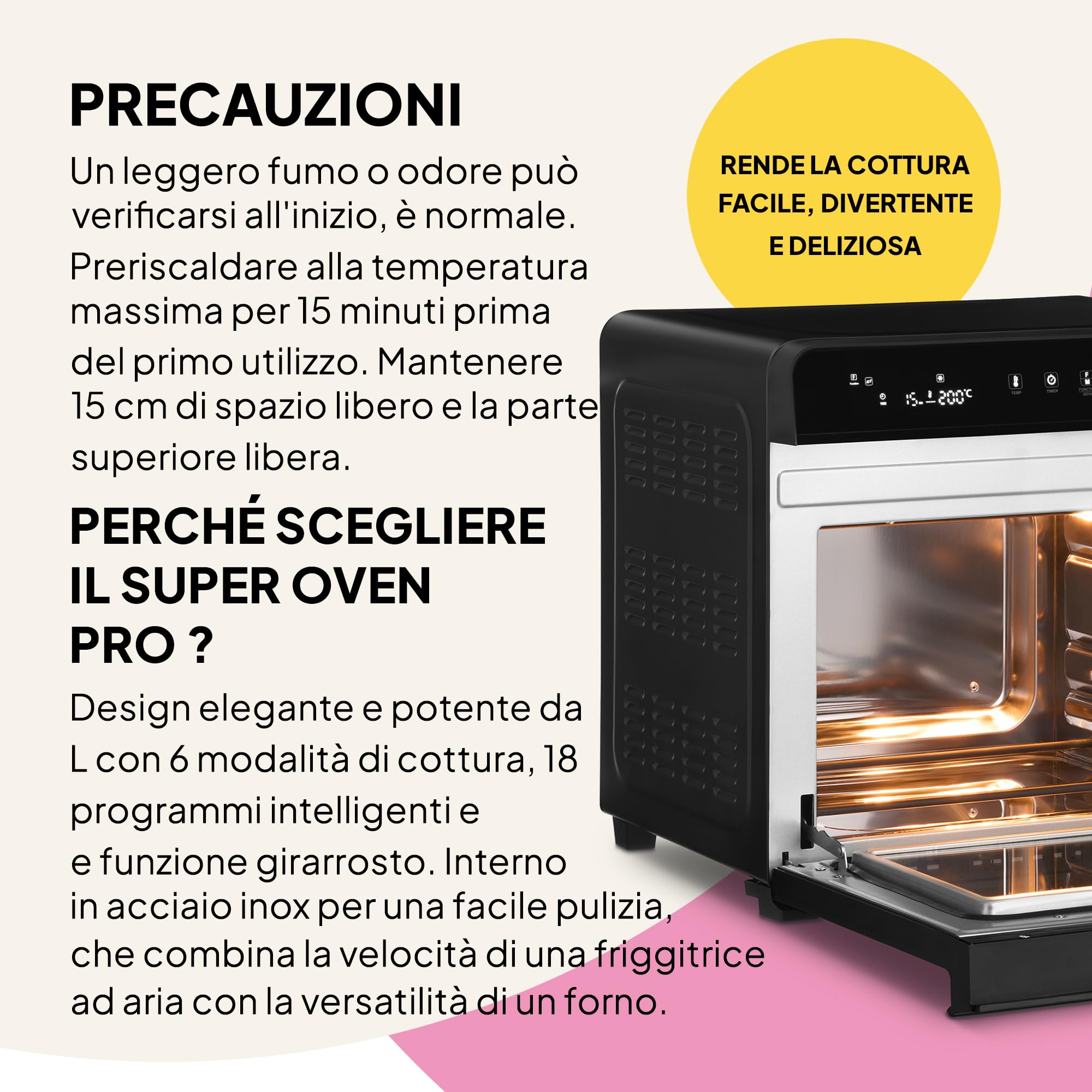 Fridja F77 Super Oven Pro 30L Forno friggitrice ad aria digitale LED premium con 18 programmi intelligenti, funzione girarrosto, potente, veloce, versatile, interno in acciaio inox, facile da pulire.