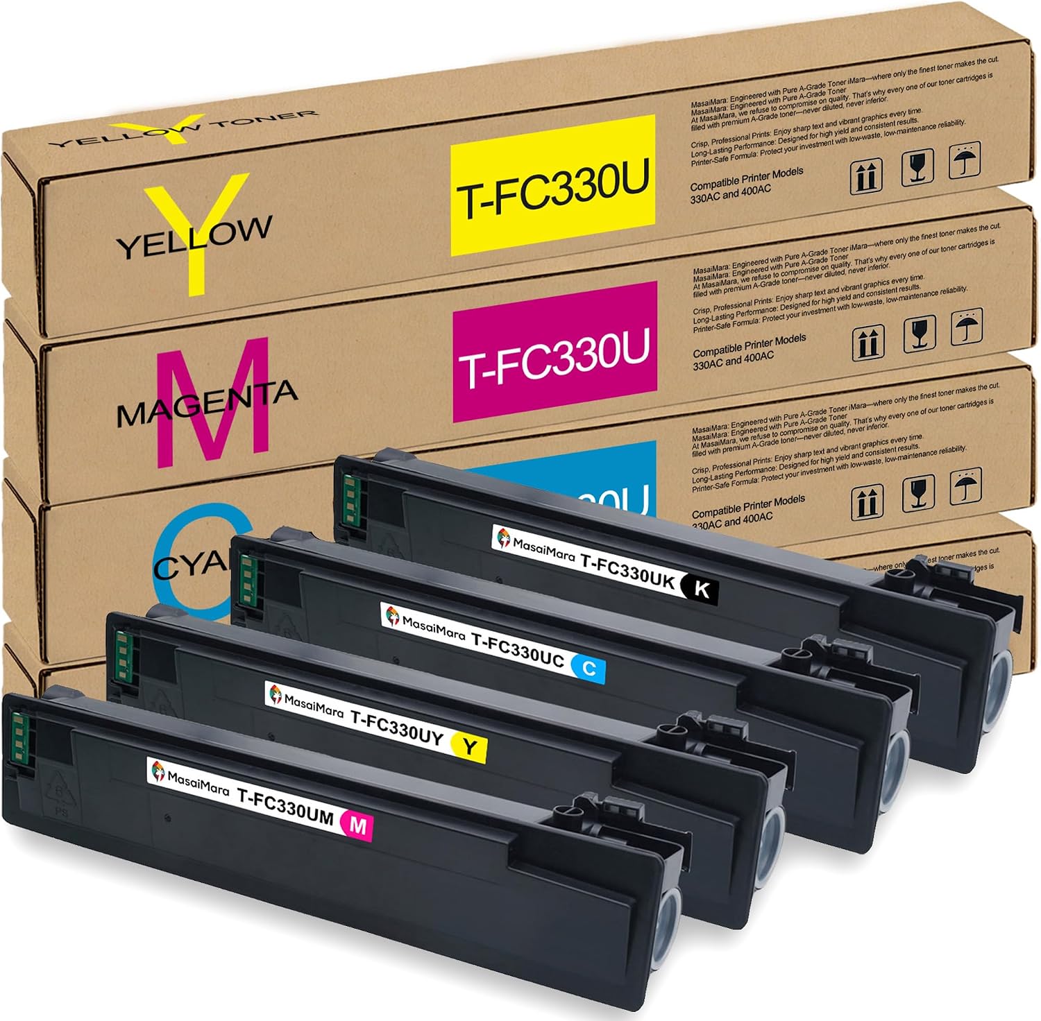 MasaiMara T-FC330U Compatible Toner Cartridges Replacement for Toshiba E-Studio 330AC 400AC Printer (Black T-FC330U-K, Cyan T-FC330U-C, Magenta T-FC330U-M, Yellow T-FC330U-Y, 4 Pack)
