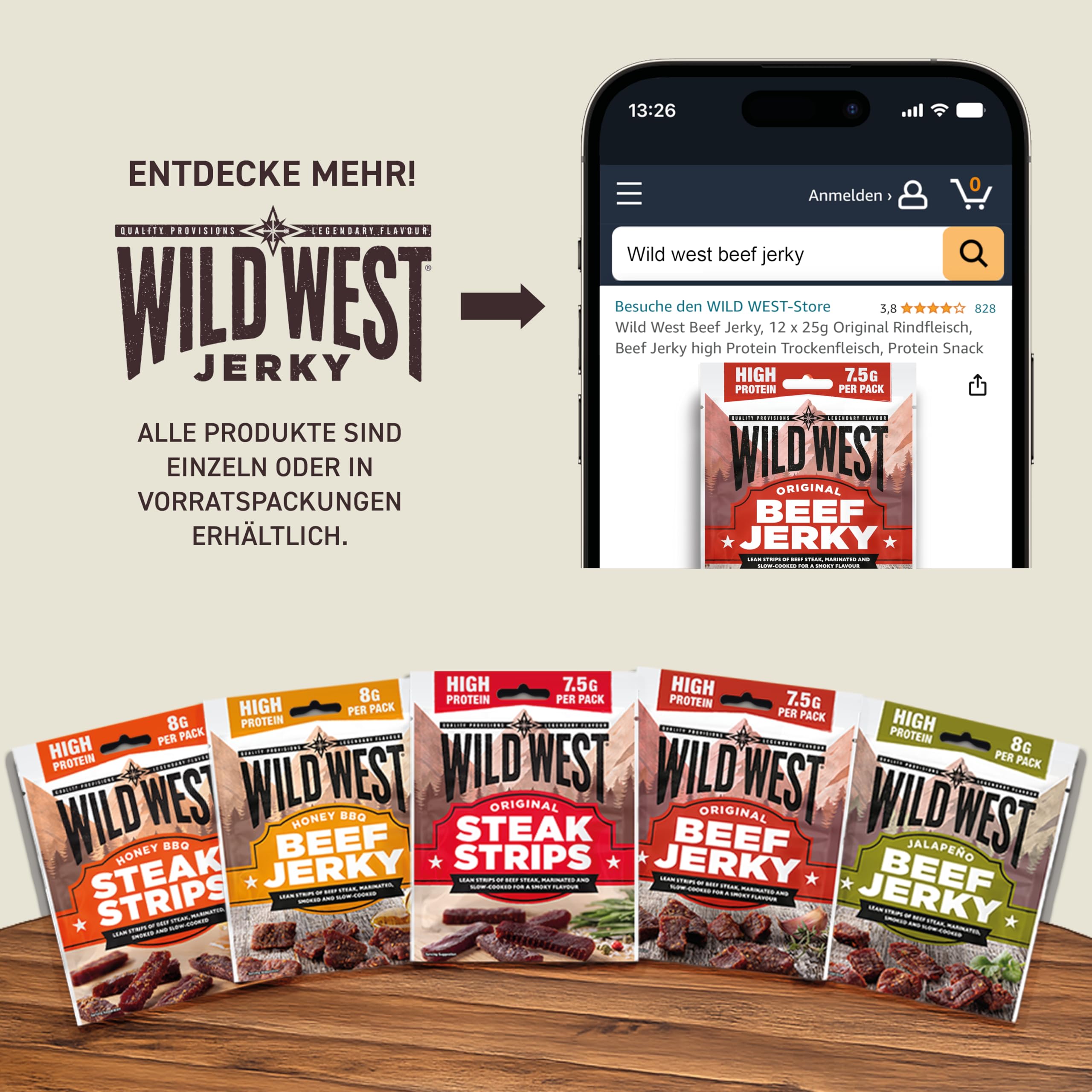 Wild West Beef Jerky, 300 g Original, carne seca altamente proteica, snack proteico Beef Jerky, cecina de vaca