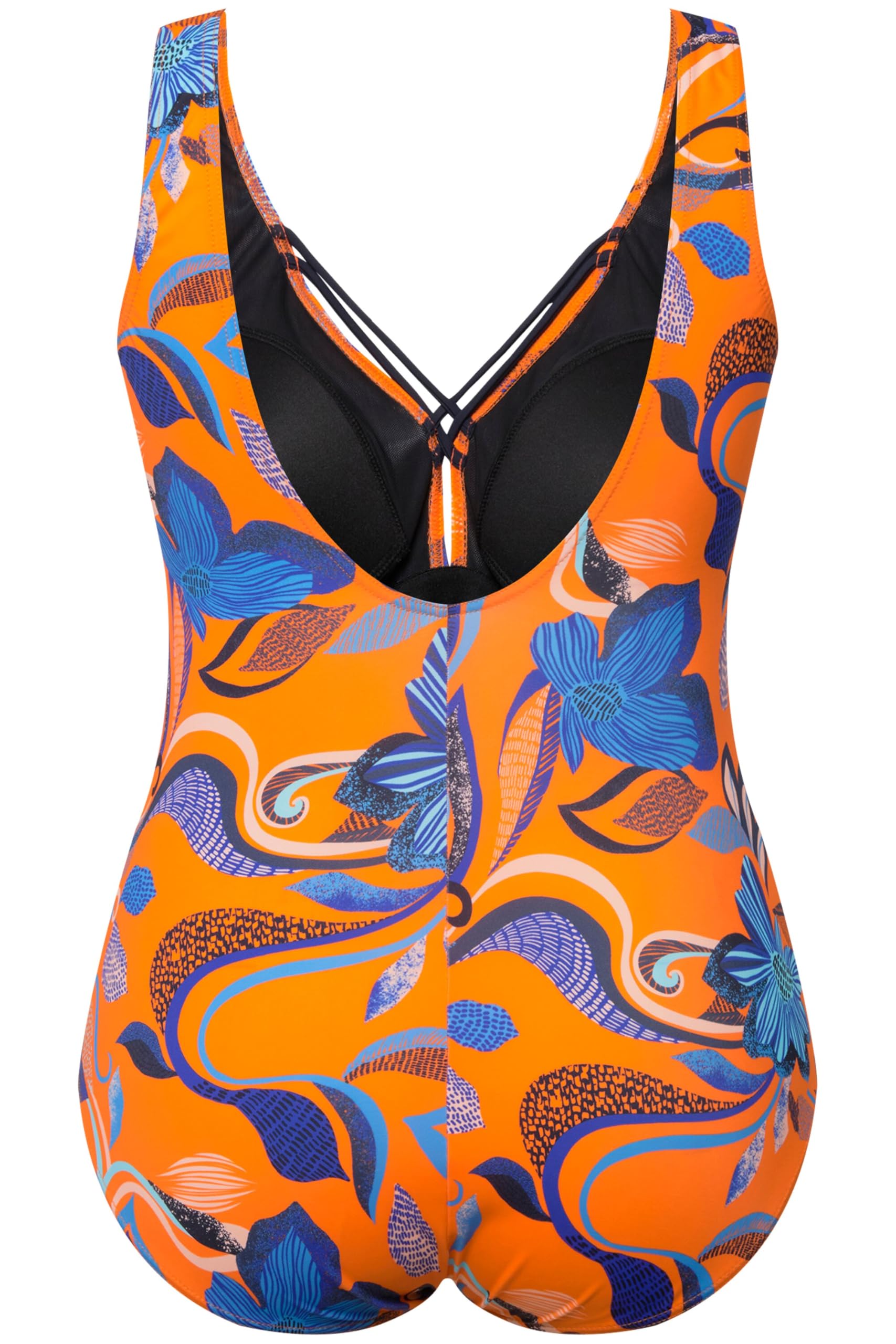 Ulla Popken Femme Grandes Tailles Maillot de Bain à Fleurs, Rubans Fantaisie et Bonnets Souples Orange Vif 62 827172658-60