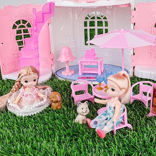 Miniatura 3 de deAO Casa de muñecas portátil con 2 figuras de juguete, sala de estar, dormitorio, balcón y accesorios para niños de 3 a 7 años (rosa)