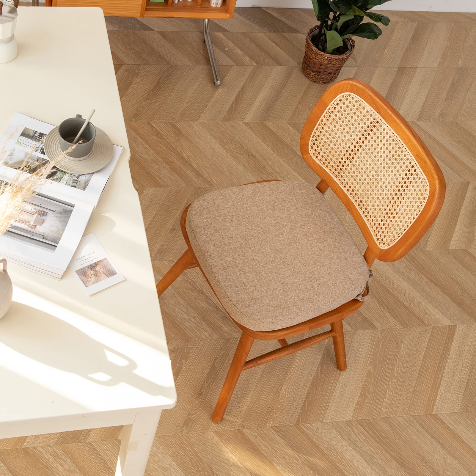 Eiury Kitchen Chair Cushions with Ties - High Density Sponge Seat Cushion and Dining Room Chair Pad 17 X 16.5 Inches Non Slip Rubber Back Seat Cover Machine Washable Set of 4 Beige