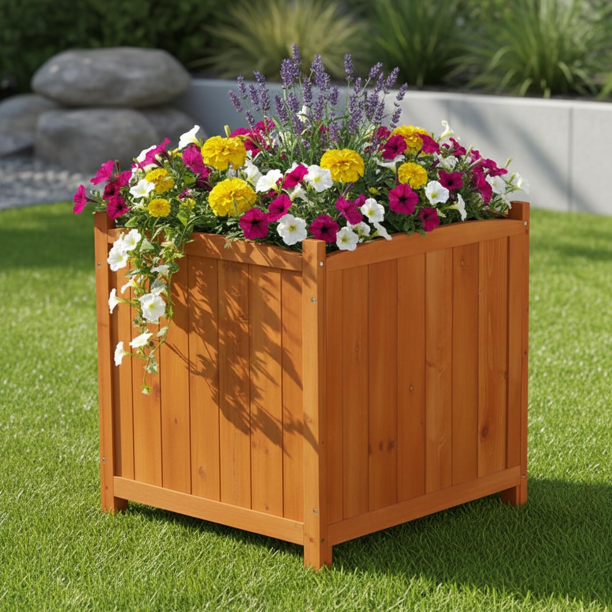 Mucola Blumenkübel Pflanzkübel Holz eckig 50 cm inkl. Pflanzfolie Braun | Für Blumen, Sträucher und Gemüse, geschwungene Abschlüsse mit silbernen Nägeln im Country-Look, auch für Innenhöfe geeignet