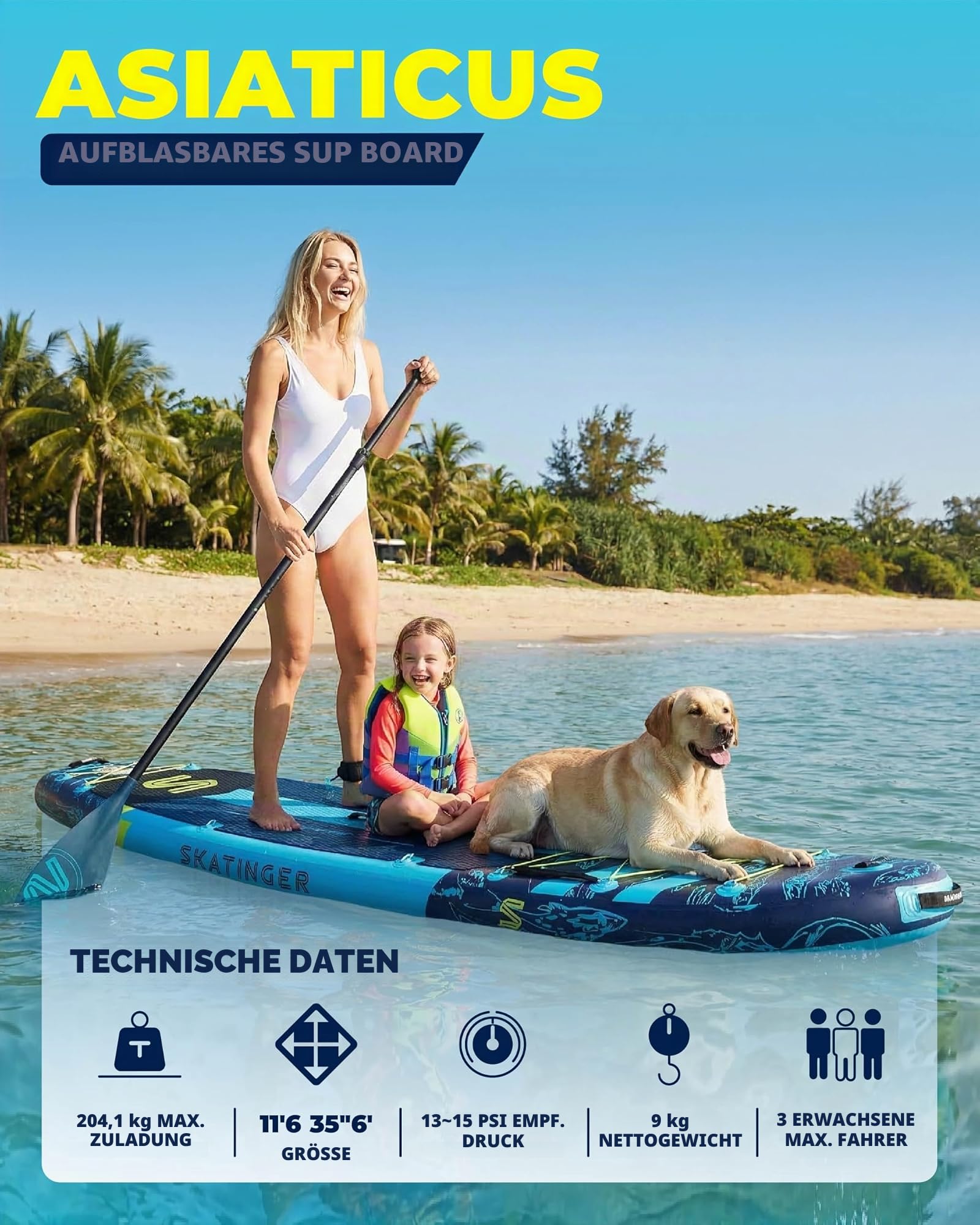 Skatinger 11'6×35' Super Wide Aufblasbares Stand Up Paddle Board, Ultra Stabiles Breites SUP für 2+1 Personen/Familie/Big Size mit Schultergurt, 100L Rucksack, Allround-Sup Board, US-Flosse