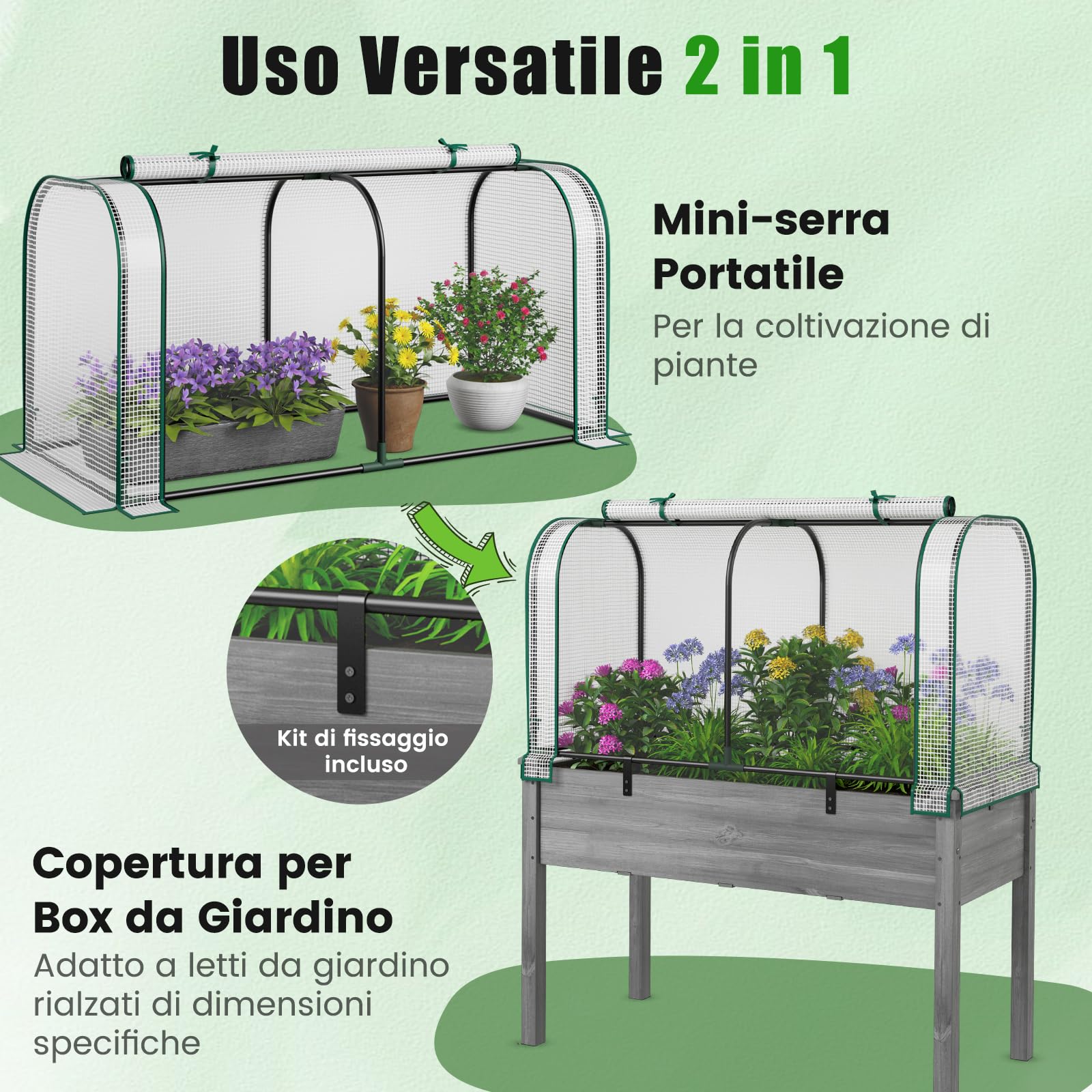 COSTWAY Mini Serra 118 x 55 x 60 cm, Serra con Copertura Impermeabile e Protettiva dal Sole in PE, Struttura Metallica Resistente alla Ruggine e Porta con Cerniera Arrotolabile (Bianco)
