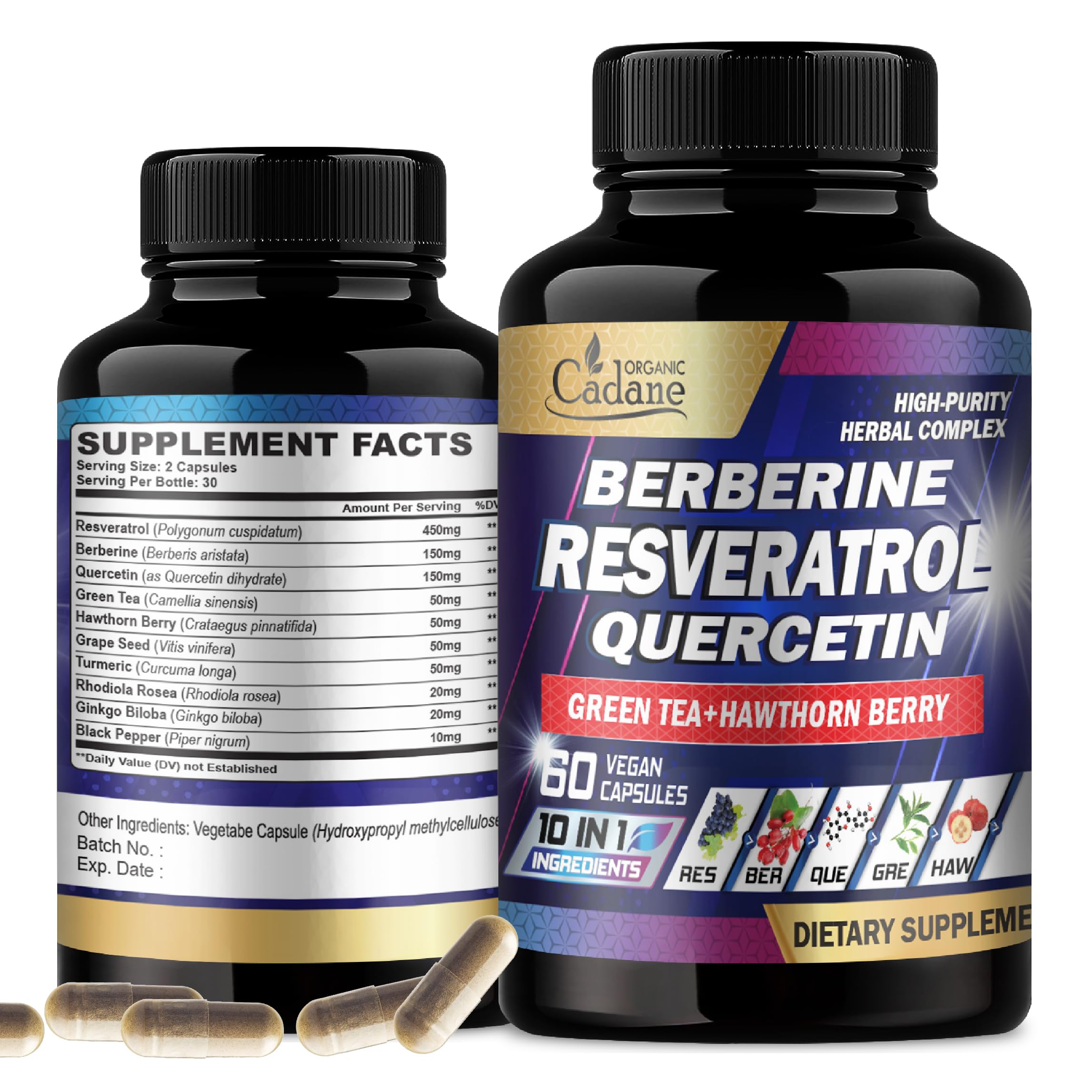 Cadane Resveratrol Supplement - 10in1 Plus with Quercetin, Berberine, Green Tea, Grape Seed, Hawthorn Berry, Turmeric, Rhodiola Rosea, Ginkgo Biloba, and Black Pepper - 60 Capsules