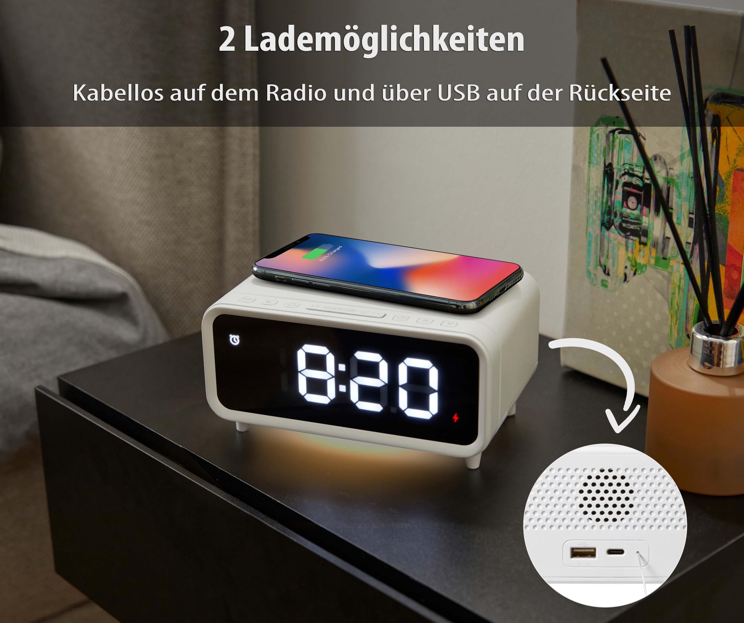 Northpoint Digitales DAB+ Radio mit Wecker Kabelloser Ladestation Nachtlicht und USB-Ladeanschluss 5W Wireless Charger Weiß