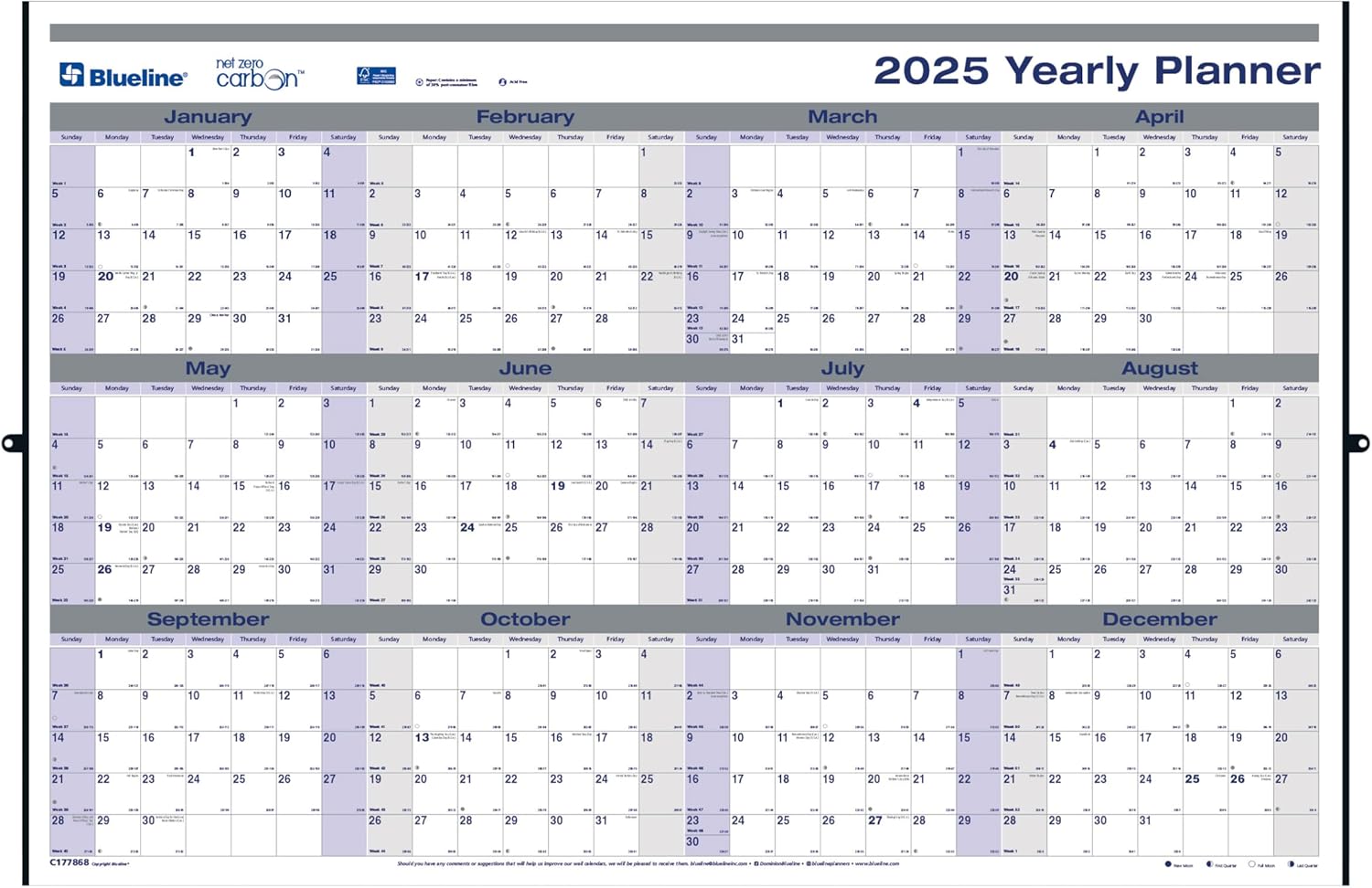 Blueline® 2025 Net Zero Carbon™ Yearly Reversible/Erasable Wall Calendar, 12 Months, January to December, Horizontal/Vertical, 24" x 36", Laminated (C177868-25)