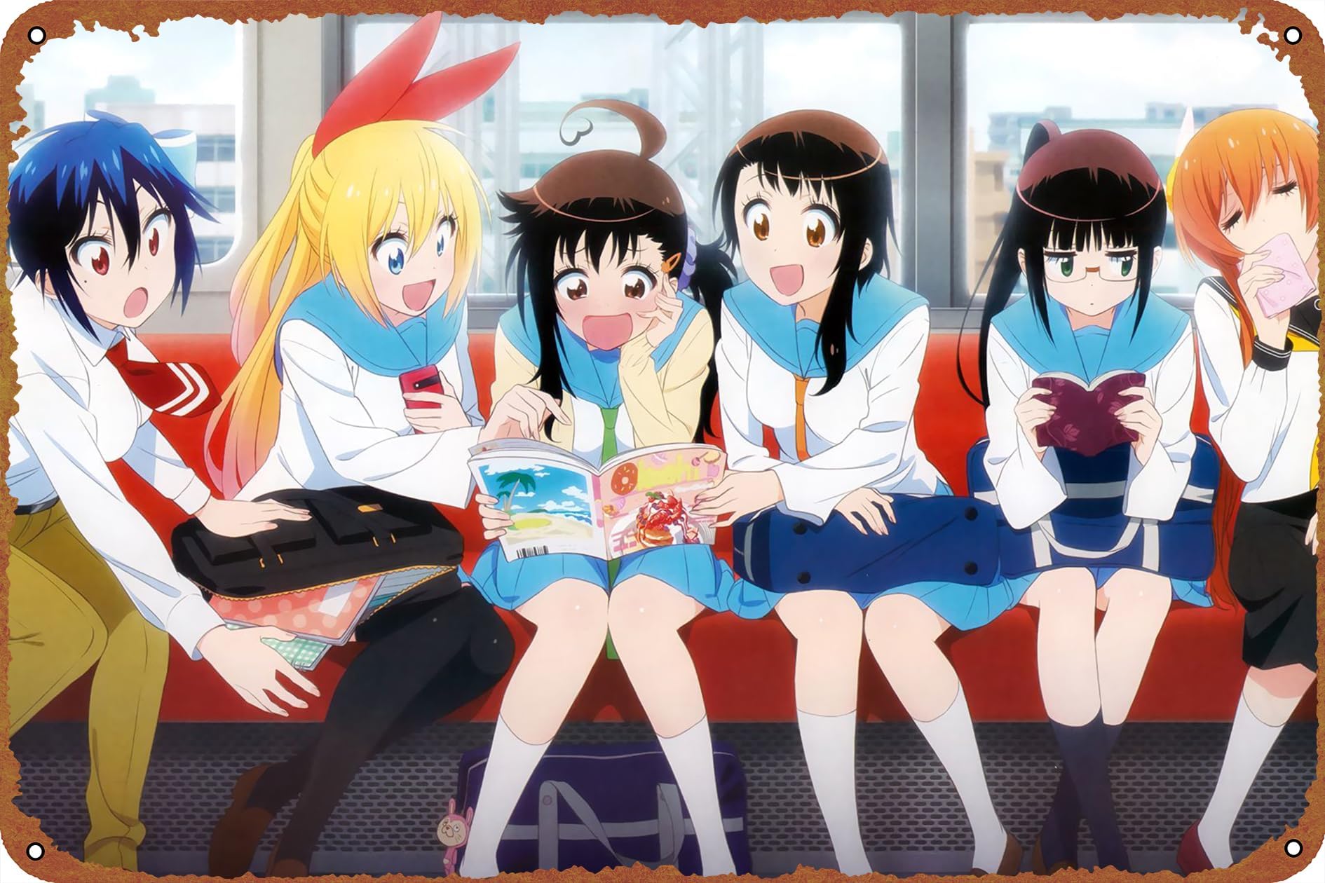 Blonde Skirt School Uniform Brown Eyes Long Hair Brown Hair Short Hair Chitoge Kirisaki Kosaki Onodera Marika Tachibana Ruri Miyamoto Seishirou Tsugumi Nisekoi Haru Onodera Creative Tin Logo Vintage Poster Bar Cafe Office Restaurant Wall Decoration Home Door Garden Store Club Logo Gift 12 X 8 inches