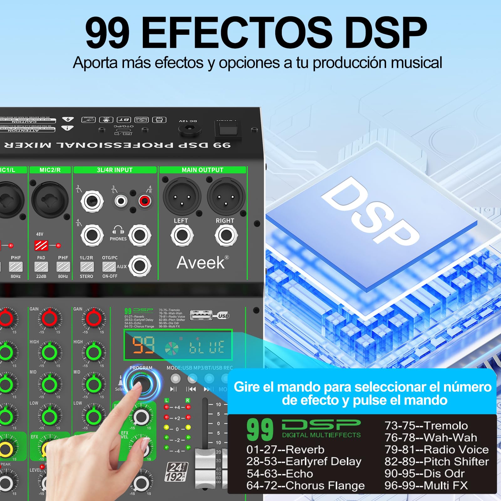 Aveek Mezclador de Audio,Mesa de Mezclas Profesional con USB/Bluetooth/Ordenador/Mezclador DJ de 4 Canales de Entrada Estéreo,48V Phantom Power 99 Efecto DSP para PC Estudio de Grabación Streaming