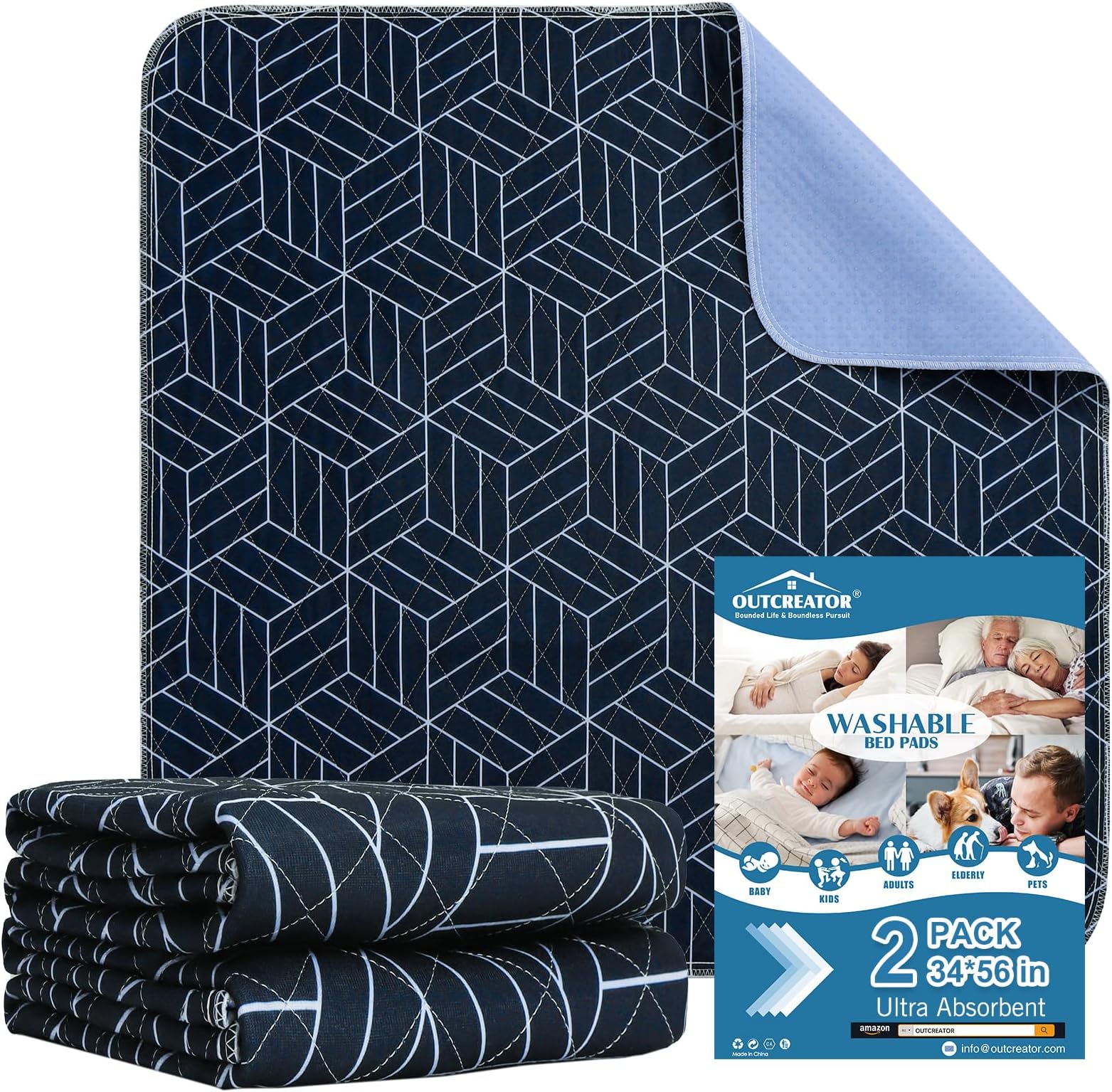 OUTCREATOR® Washable Bed Pads 34" x 56" (Pack of 2), Incontinence Mattress Protector, Anti-Slip Waterproof Underpads for Adults Kids Elderly Pets, Absorbency & Reusable Bedwetting Pads (Navy Blue)