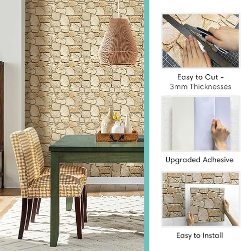 Miniatura 4 de Commomy 10 hojas de paneles de pared 3D Fieldstone para despegar y pegar, azulejos marrón claro de 11.8 x 11.8 pulgadas, acabado mate, decoración
