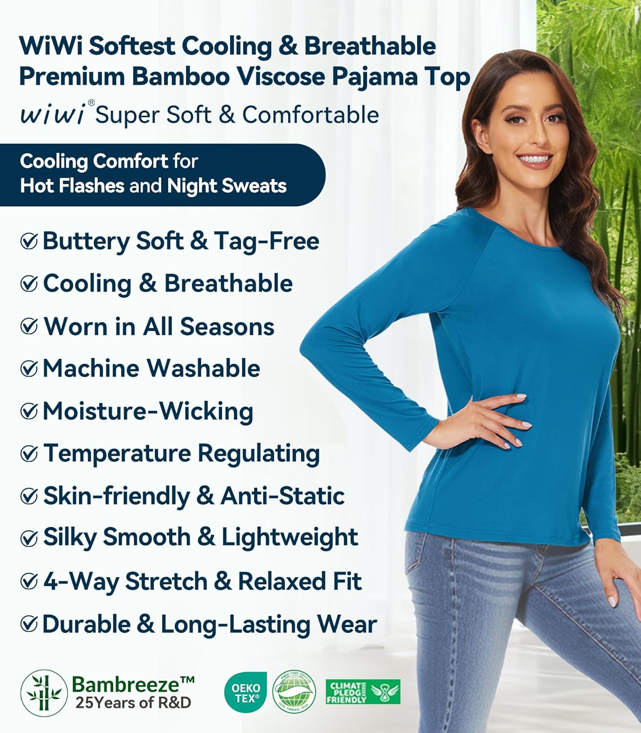 WiWi Women's Viscose from Bamboo Pajama Tops Soft Basic Sleep Shirt Loose Long Sleeves T-Shirt Loungewear S-XXL - Image 8