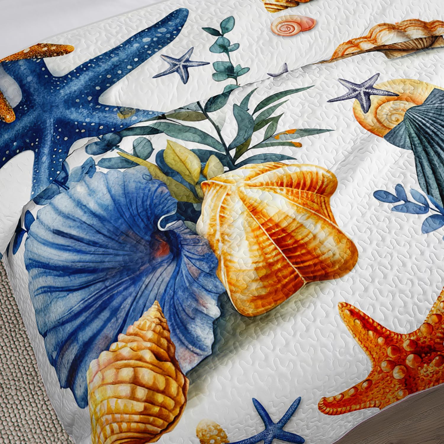 Summer Beach Quilted Set Starfish Seashell Conch Bedding Sets King Size,Ocean Beach Themed Quilt for Kids Girls Boys Room Decor,Lightweight Coastal Quilts with 2 Pillowcases.