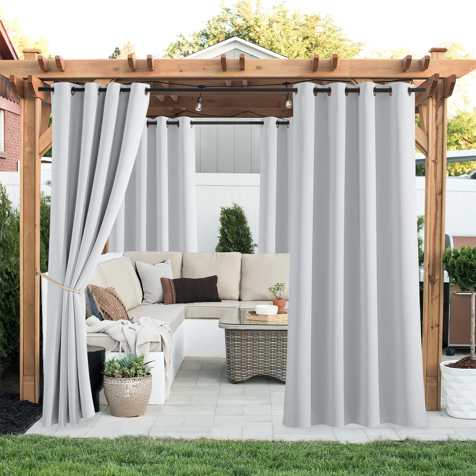 PONY DANCE Outdoor Vorhang Wetterfest 2er Set H 213 x B 132 cm Outdoor Gardinen Wasserdicht Sonnenschutz & Sichtschutz Terrasse Vorhänge Weiß Outdoorvorhänge mit Ösen, Grau-weiß