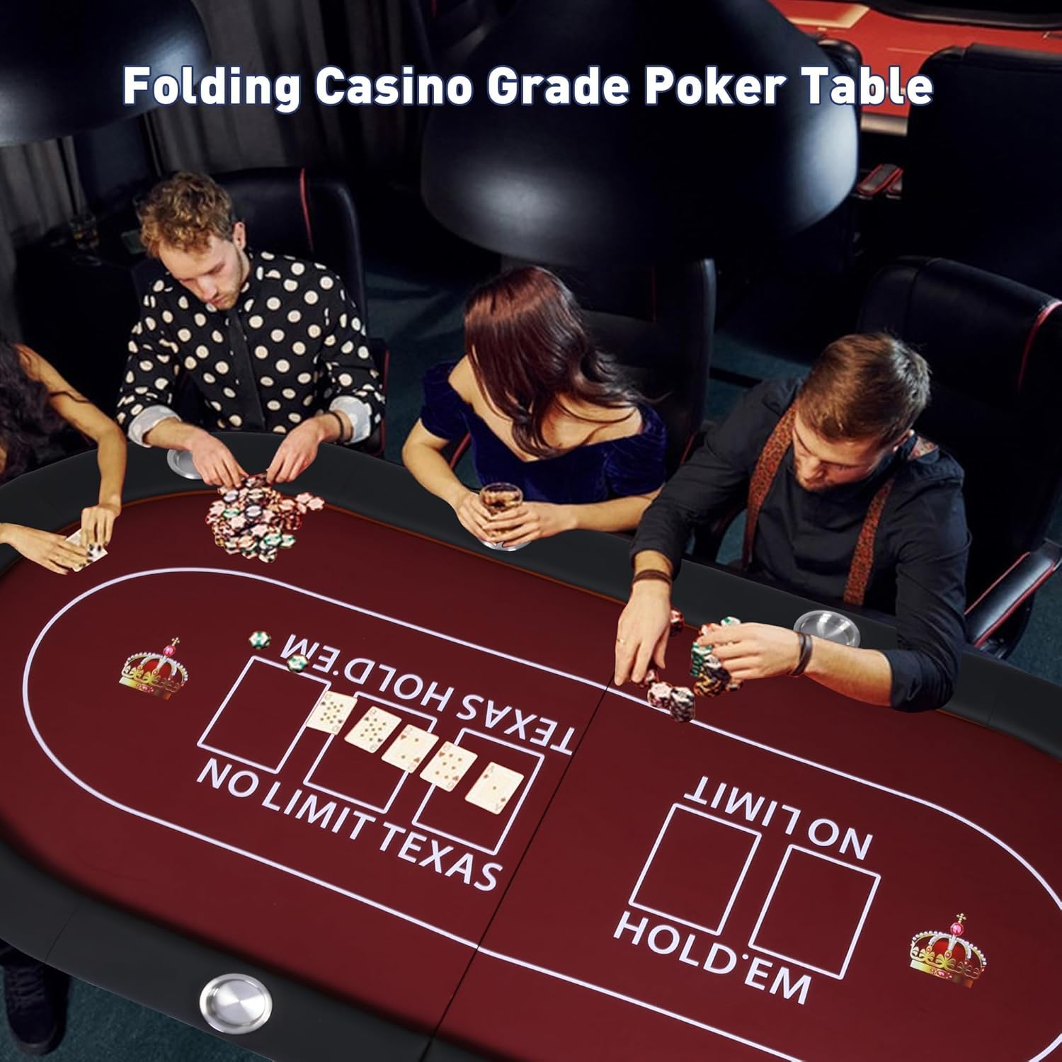 10 Player Foldable Poker Table, 91'' Extra Large Premium Texas Blackjack Holdem Poker Table with Cup Holders, Folding Casino Leisure Poker Tables with Padded Rails, Stylish Red Design