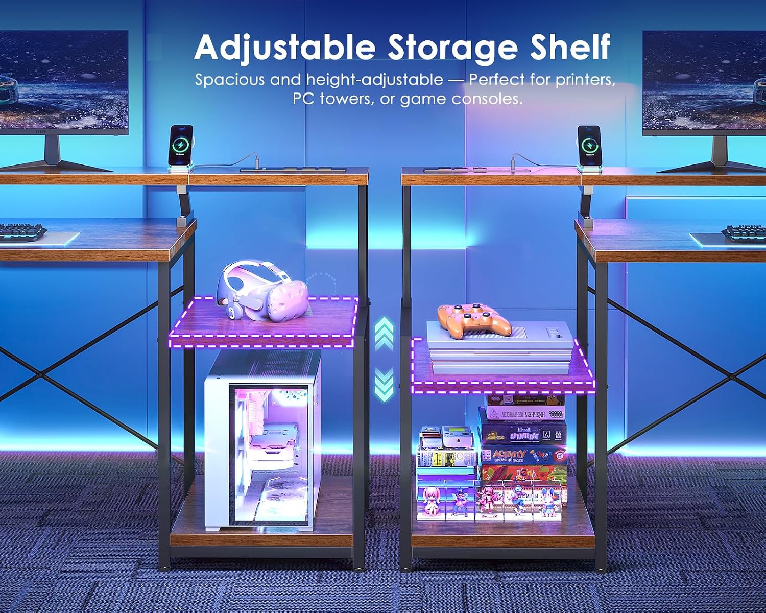 Adjustable storage shelf on the ODK desk, showing height options