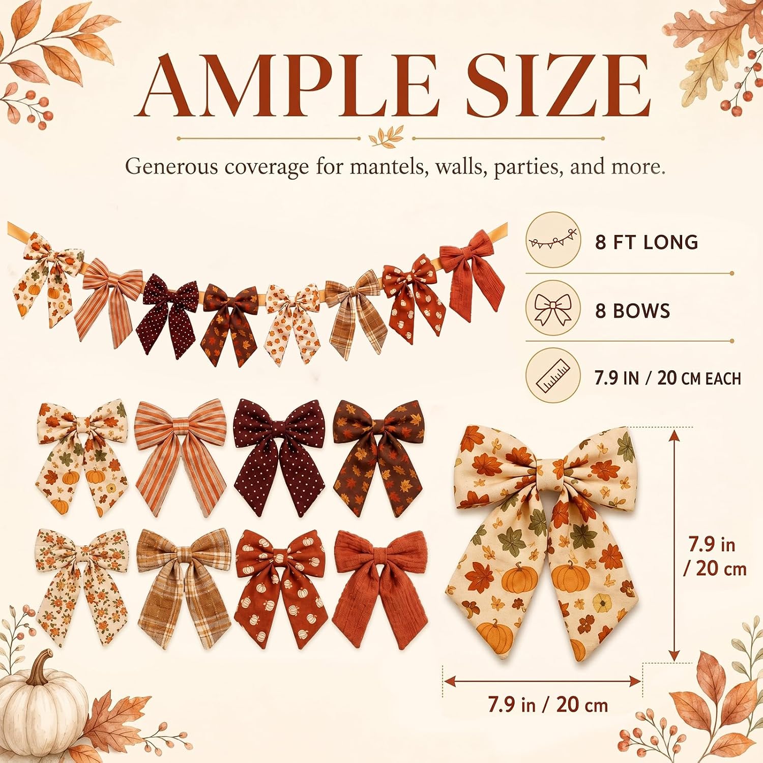 Flutesan 8 Ft Fall Fabric Bow Garland Orange Banner Thanksgiving Decor | Hanging Decoration for Mantel Wall Garden, Birthday Wedding Baby Shower Tea Party, Fabric Bows, Easy Setup