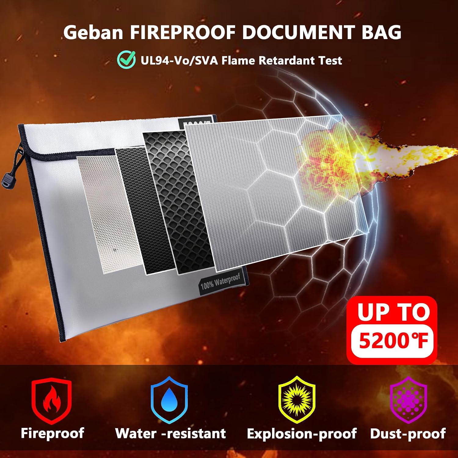 Fireproof Document Bag 15''×11'',Extra Large Waterproof Fireproof Money Bag (5200℉),Important Document Holder & Organizer Storage with Zipper for Cash,Passport,Safe,Certificates and Valuables | Legal size Fire-Resistant Zipper Folder for Important Document, Organizer Storage
