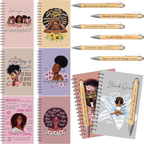 8 cuadernos negros para mujeres, afroamericanos, espirales, motivacionales, para niñas negras, cuaderno de tapa dura inspirador con 8 bolígrafos de
