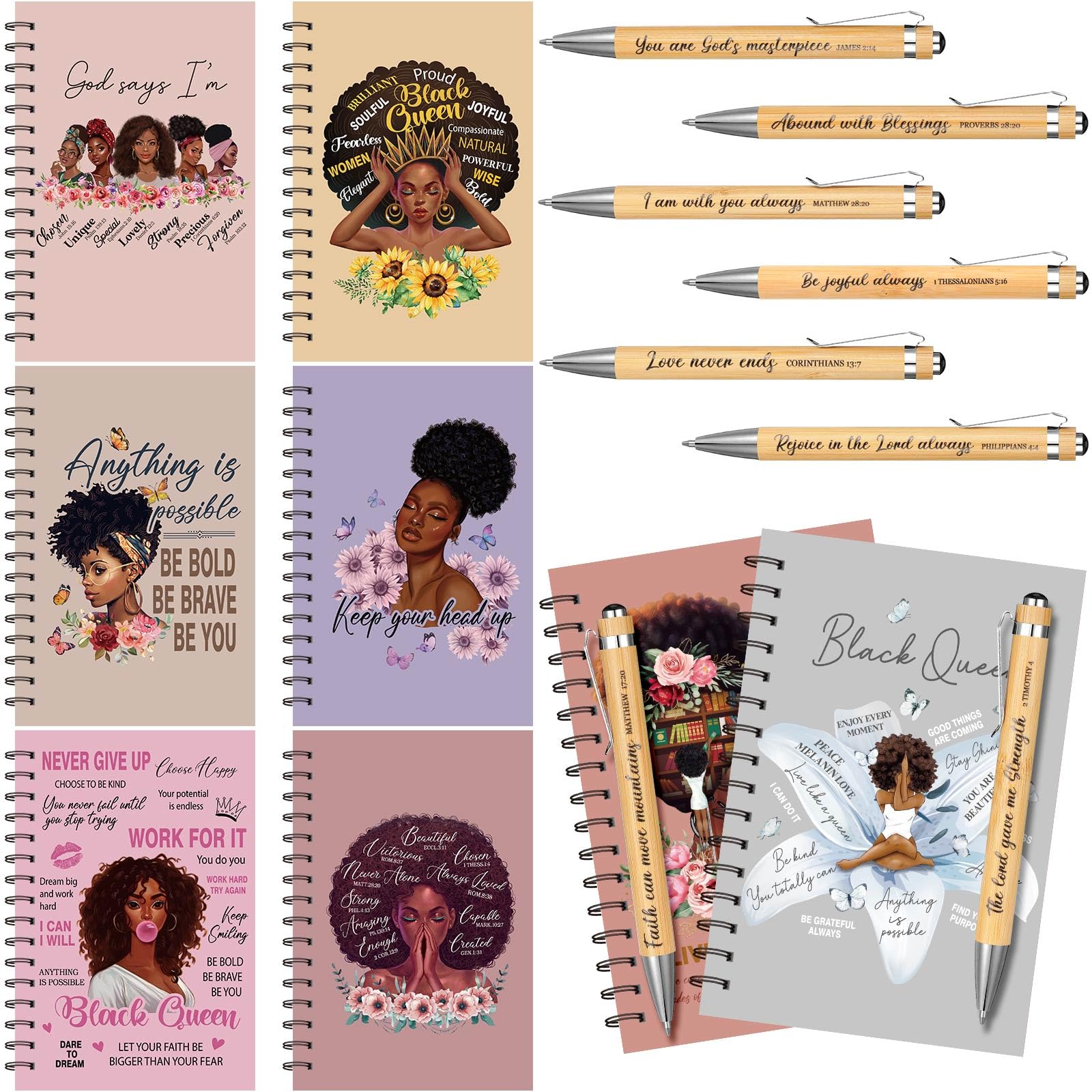 Pasimy 8 Stück schwarze Damen-Notizbücher, afrikanische amerikanische Spiral-Tagebuch, motivierender Notizblock für schwarzes Mädchen, inspirierendes Hardcover-Notizbuch mit 8 Stück