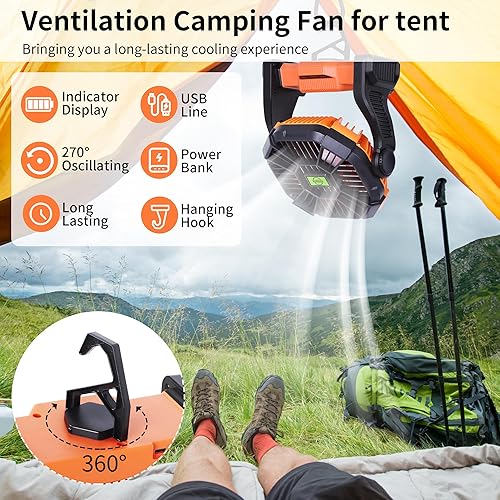 Miniatura 6 de Ventilador portátil alimentado por batería, recargable con pivote de 270, ventiladores de campamento con luz LED y gancho, decoración de Navidad