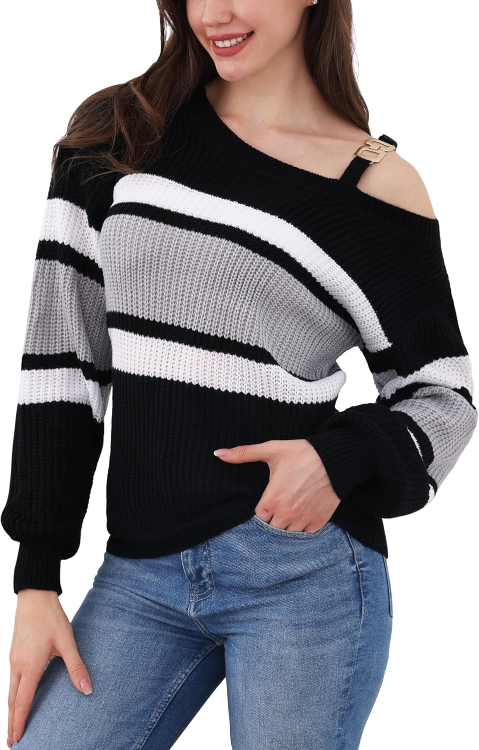 LemonGirl Off-Shoulder Sweater Striped Knit Top with Bell Sleeves Metal Buttons Womens Pullover Autumn Fall Fashion