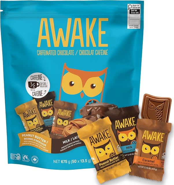 AWAKE - Morceaux de chocolat caféiné - 50mg Caféine - Boîte de variétés (3 Les arômes), 50 Nombre - Beurre d'arachide, lait, & Caramel - Bites énergétiques - Alternative de café - Commerce équitable, sans gluten, non GMO - 0.48oz