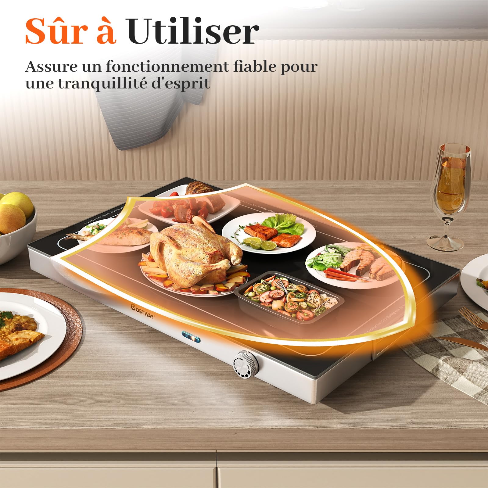 COSTWAY Chauffe Plat Electrique, Plaque Chauffante avec Plateau en Verre Trempé, Température Réglable, Poignées Isolantes, Réchauffe Plat, pour Buffets, Fêtes, Réunions de Famille(56 x 37 cm)