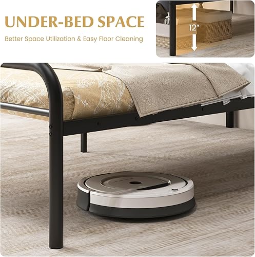 Miniatura 6 de GOFLAME Base de cama tamaño individual, plataforma de metal de 12 pulgadas con cabecero y estribo, base de colchón resistente, no necesita somier,