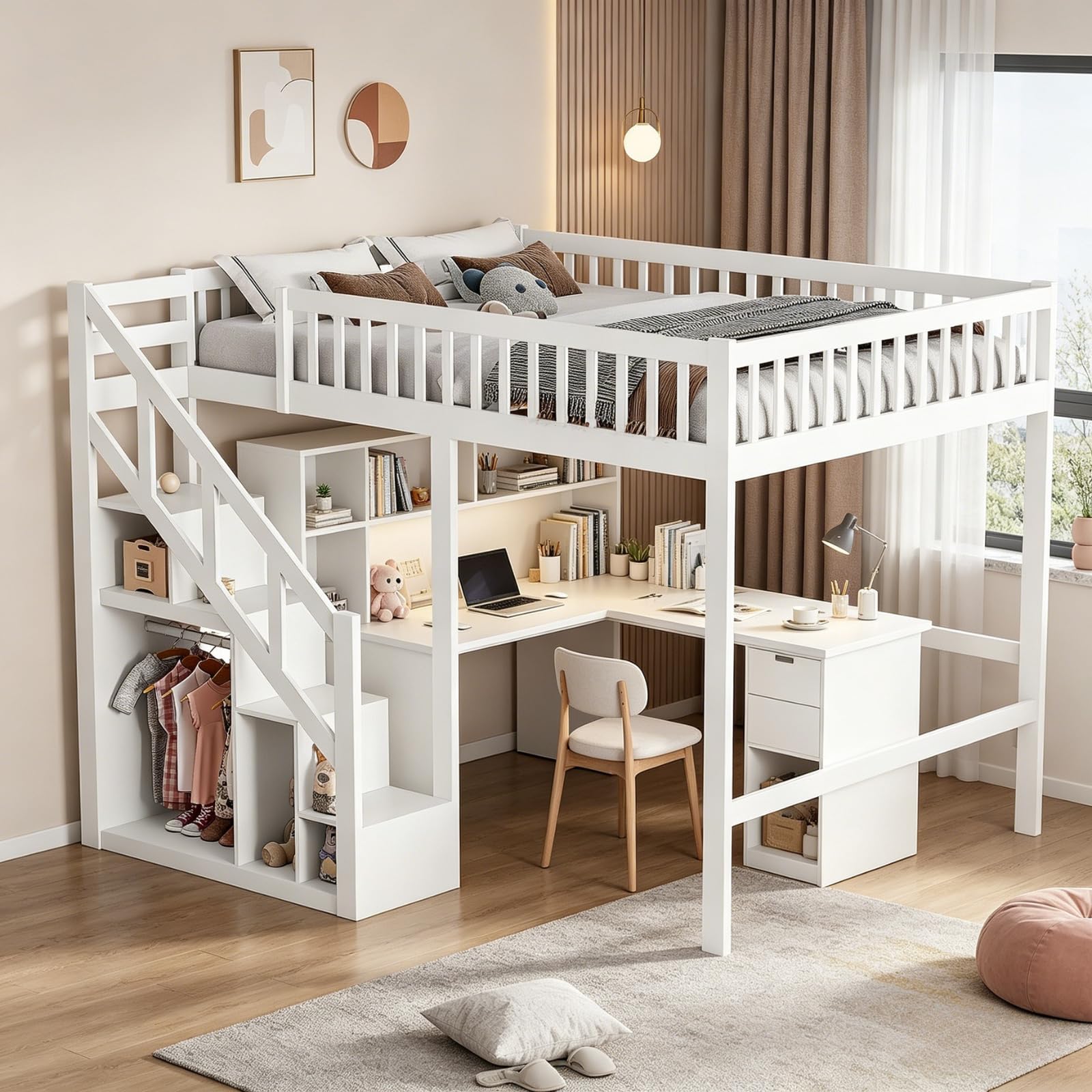 Letto a Castello Legno Massiccio 140x200 cm con Scala Sicura, Armadio Integrato e Rete a Doghe - Letto per bambini letto a soppalco per Bambini e Ragazzi, Struttura Resistente, Bianco(140 x 200 cm)