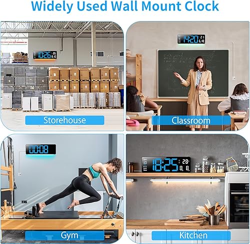 Miniatura 3 de Reloj de pared digital con día y fecha, moderno para sala de estar, silencioso para dormitorios con control remoto (negroazul, 16.2 pulgadas)