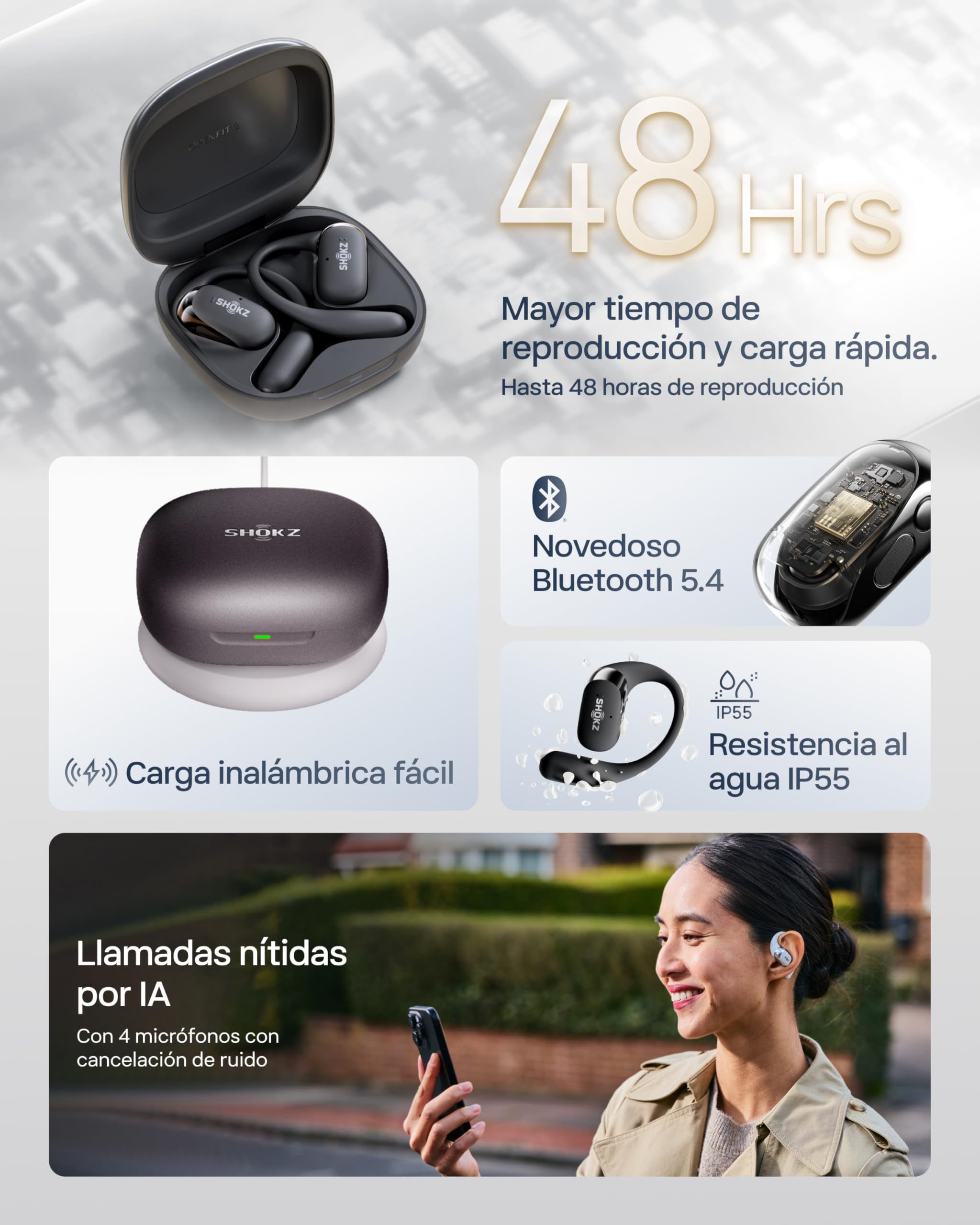 SHOKZ OpenFit 2+ Auriculares Gancho Open-Ear,Dolby Audio, 48h de Uso, Negro | Auriculares Bluetooth con Mic. | Resistencia al Agua IP55 | Carga inalámbrica | Carga rápida | con Bolsa de Transporte