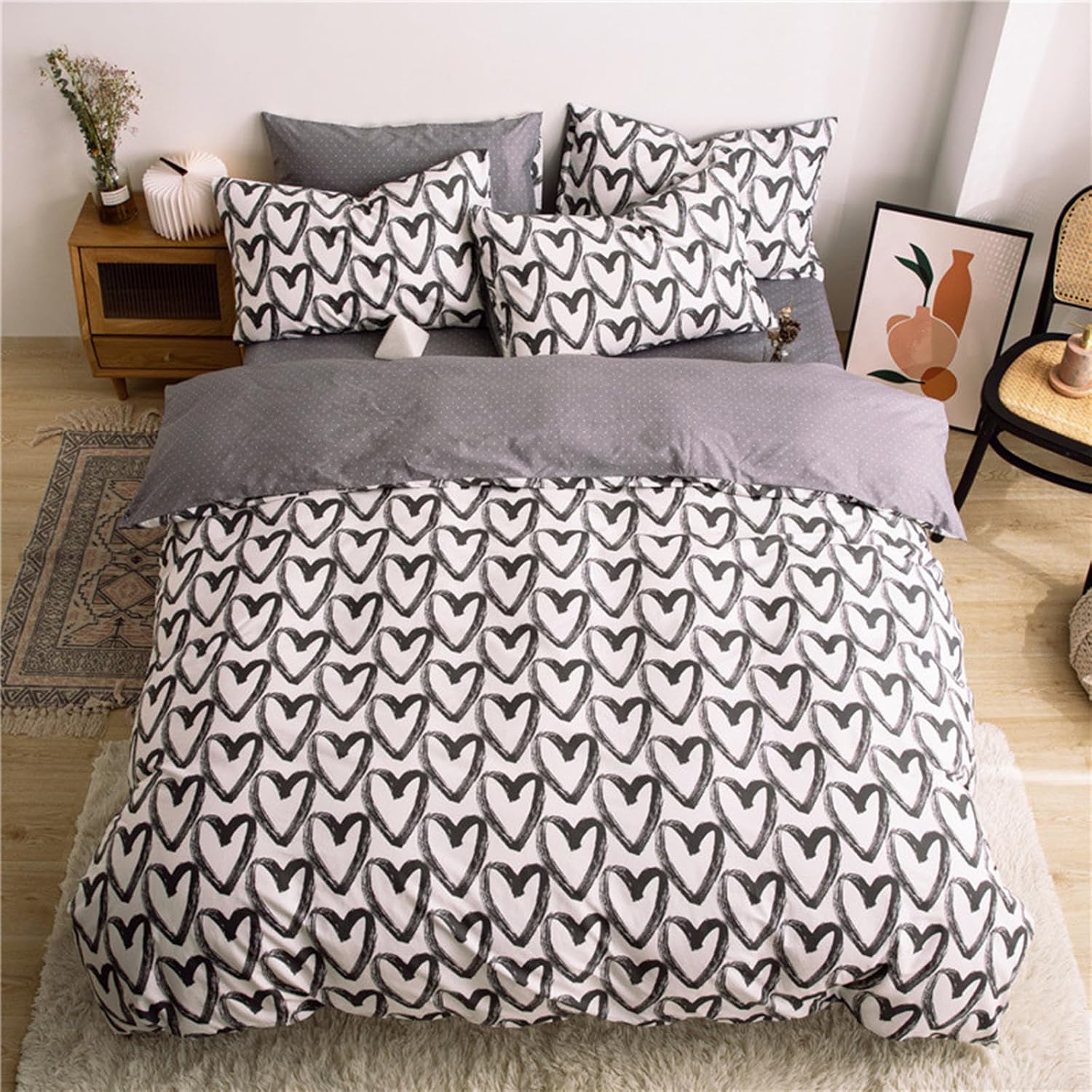 HALOZI Duvet Cover Set Queen Size Gray Heart/dots Reversible Luxury Soft Bedding Set Comforter Cover with Zipper Closure and Corner Ties (1 Duvet Cover+2 Pillowcases)(Queen（90X90） inch)