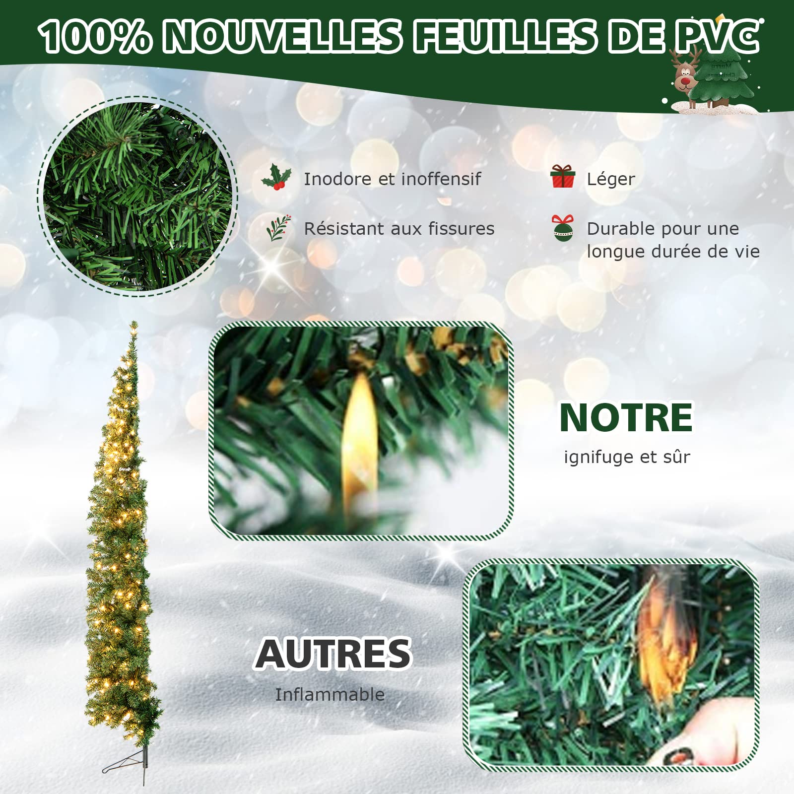 COSTWAY Sapin de Noël Moitié Artificiel 210 cm, 150 Lumières LED Blanc Chaud, Arbre Pliable avec 450 Branches, Support en Métal, Décoration Fête, Convient pour Les Coins