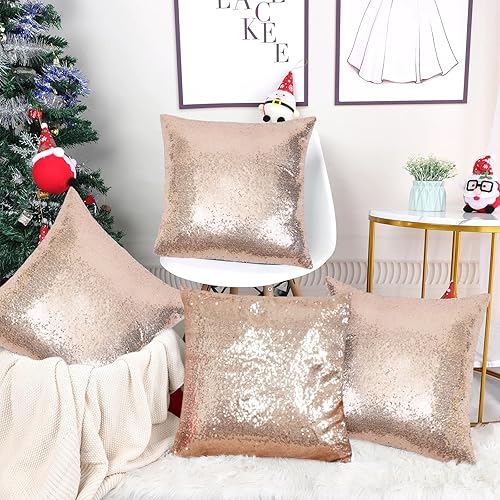 Miniatura 6 de SquarePie Juego de 4 fundas de almohada de lentejuelas, 18 x 18 pulgadas, color oro rosa, fundas de cojín cuadradas brillantes para cama, sofá,