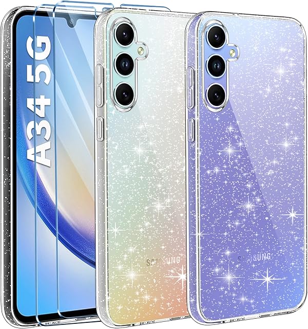 AROYI Przezroczyste brokatowe etui kompatybilne z Samsung Galaxy A34 5G, z 2 szt. ochraniaczy ekranu ze szkła hartowanego, miękkie etui odporne na zarysowania, przezroczyste błyszczące etui do Samsung Galaxy A34 5G 6,6"